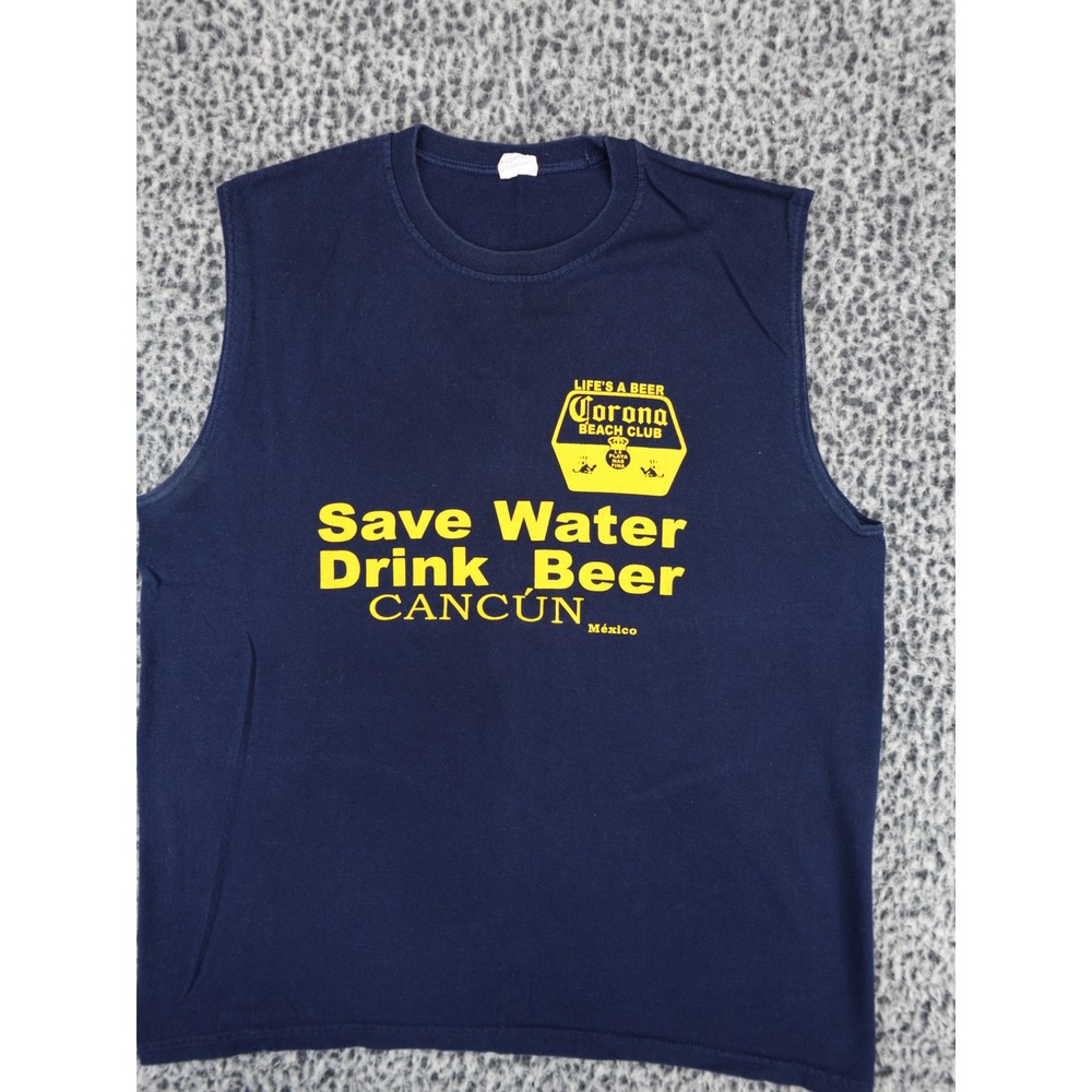 Corona Extra Cancun Mexico Muscle Tank Top Mens Large Navy Blue Save Water Beer